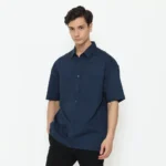 Oversize Fit Short Sleeve Linen Shirt - Navy