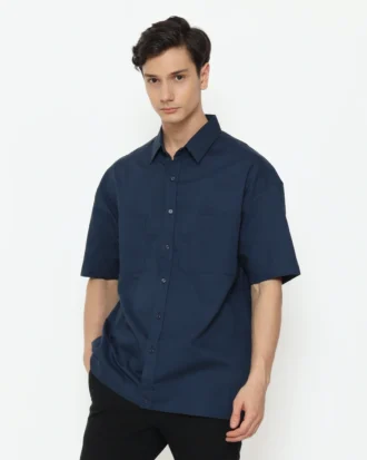 Oversize Fit Short Sleeve Linen Shirt - Navy