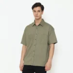 Oversize Fit Short Sleeve Linen Shirt - Olive Green