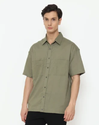 Oversize Fit Short Sleeve Linen Shirt - Olive Green