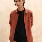 Regular Fit Long Sleeve Resort Rami Shirt - Terracotta M007