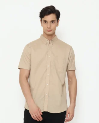 Regular Fit Short Sleeve Oxford Basic Shirt - Cream