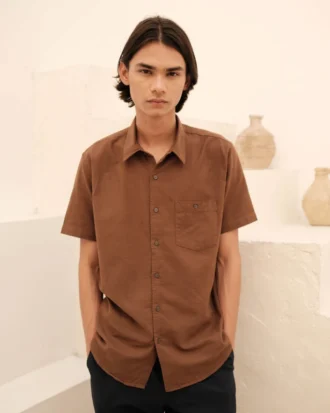Regular Fit Short Sleeve Resort Rami Shirt  - Medium Brown M009