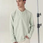 Larusso Lab - Henley Long Sleeve T-Shirt with Ribbed Neckline - Mint