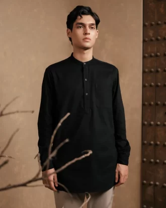 LARUSSO Khair Collection - Kemeja Koko Kurta Pria Polos Lengan Panjang - Black