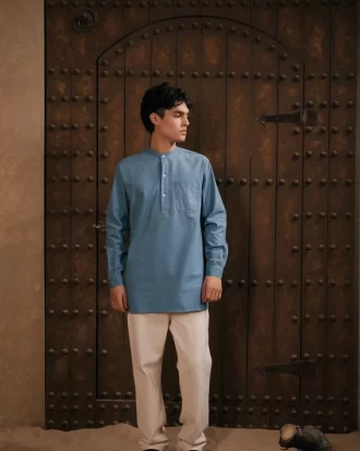 LARUSSO Khair Collection - Kemeja Koko Kurta Pria Polos Lengan Panjang - Blue Turqouise - AL68Q62M025