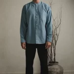 Larusso Khair Collection - Kemeja Koko Rami Basic Polos Pria Lengan Panjang - Blue Heaven