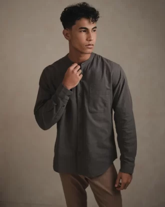 Larusso Khair Collection - Kemeja Koko Rami Basic Polos Pria Lengan Panjang - Grey