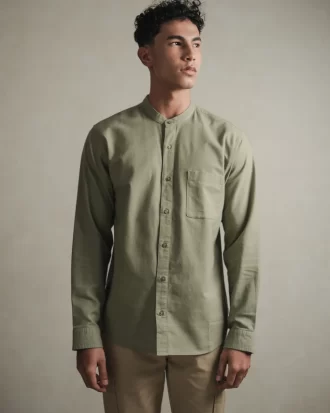 Larusso Khair Collection - Kemeja Koko Rami Basic Polos Pria Lengan Panjang - Olive