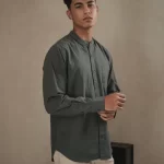 Larusso Khair Collection - Kemeja Koko Rami Basic Polos Pria Lengan Panjang - Steel Blue