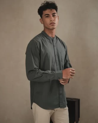 Larusso Khair Collection - Kemeja Koko Rami Basic Polos Pria Lengan Panjang - Steel Blue