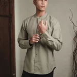 Larusso Khair Collection - Kemeja Koko Rami Basic Polos Pria Lengan Panjang - Taupe