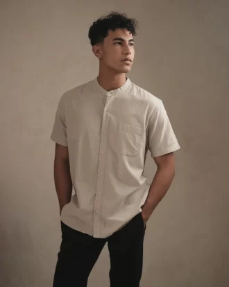 Larusso Khair Collection - Kemeja Koko Rami Basic Polos Pria Lengan Pendek - Taupe